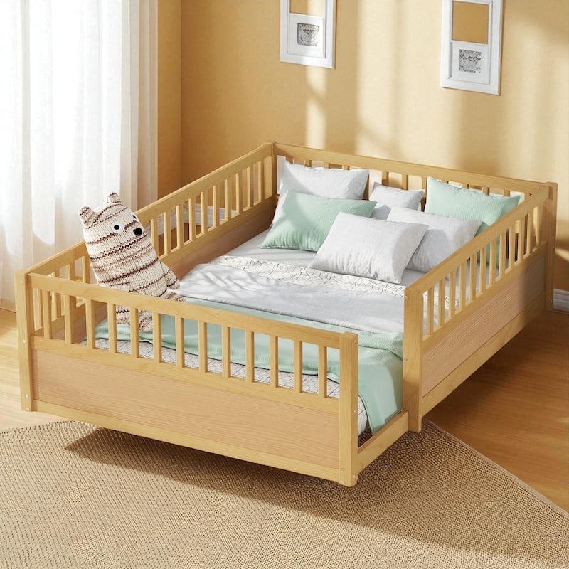 Twin/Full Montessori Floor Bed with High Fence & Open Door, Solid Pine, Playroom/Bedroom, No Box Spring - Natural - Full