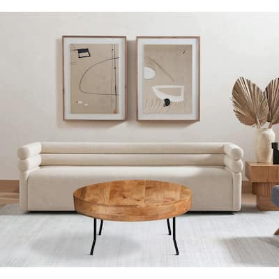 32 Inch Coffee Table, Handcrafted Mango Wood Round Top, Black Metal Angled Legs