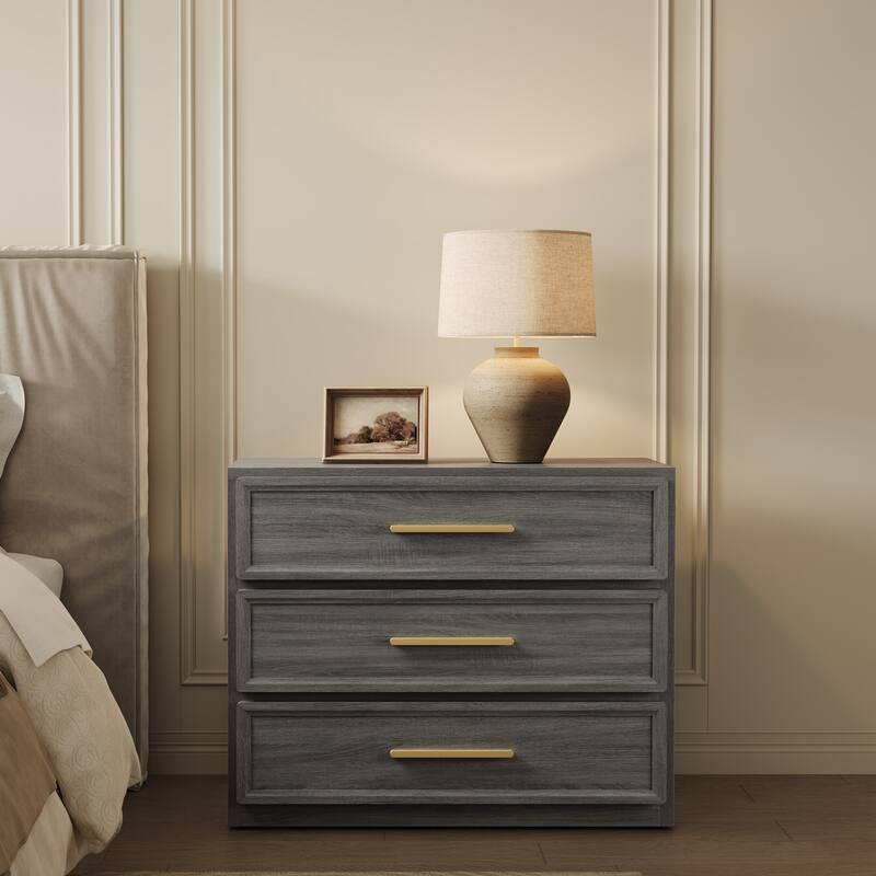 Gold-Accent 3-Drawer Nightstand: Multi-Use for Bedrooms, Guest Rooms & Dressers