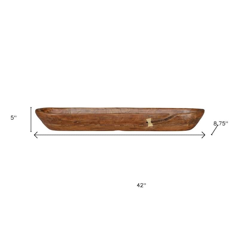 HomeRoots 42" Brown And Gold Reclaimed Wood Asymmetrical Edge Oval Centerpiece Bowl - 42.00 in. x 5.00 in. x 8.75 in.