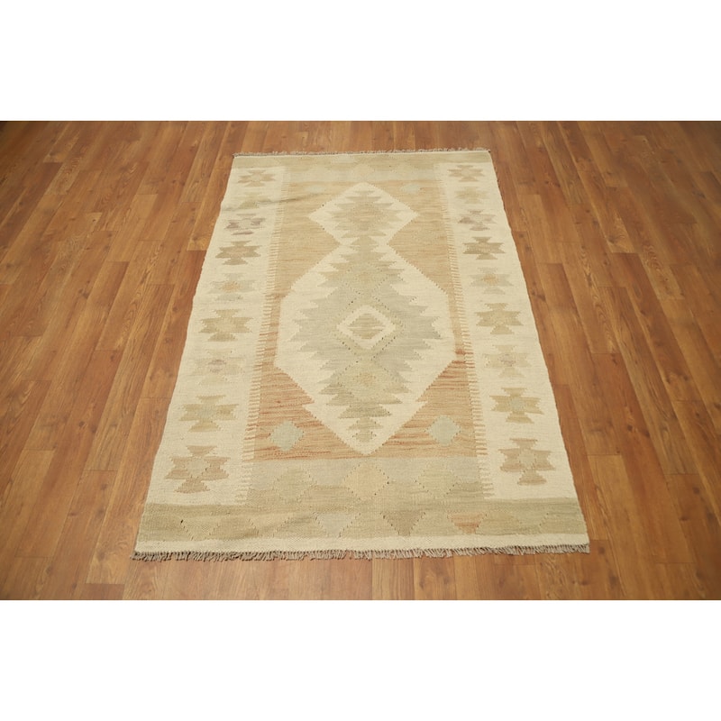 Hand Woven Oriental 100% Wool Carpet Southwestern Tribal Beige & Ivories Kilim Area Rug - 4' 9'' X 3' 1''