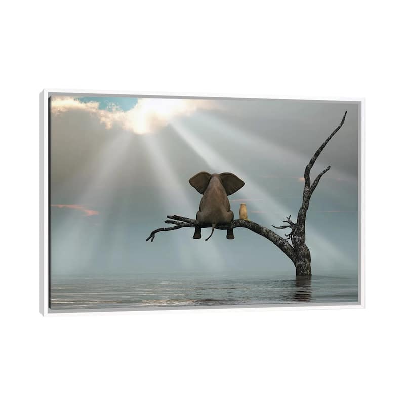 iCanvas "Elephant And Dog Are Sitting On A Tree Fleeing A Flood" by Mike Kiev Framed Canvas Print - White - 18x26