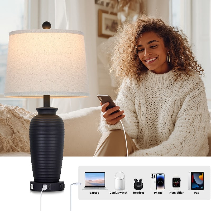 Set of 2 Bedside Resin Table Lamps with 3-Way Touch Control and Dual USB Ports