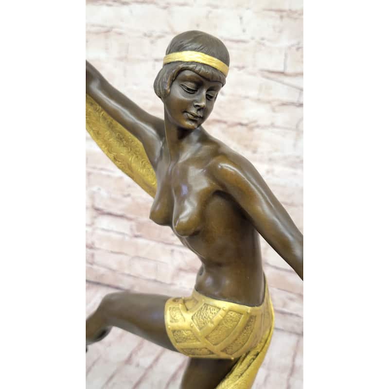 Hot Cast Bronze Art Deco Figural Sculpture Of Topless Ribbon Dancer By Rozet