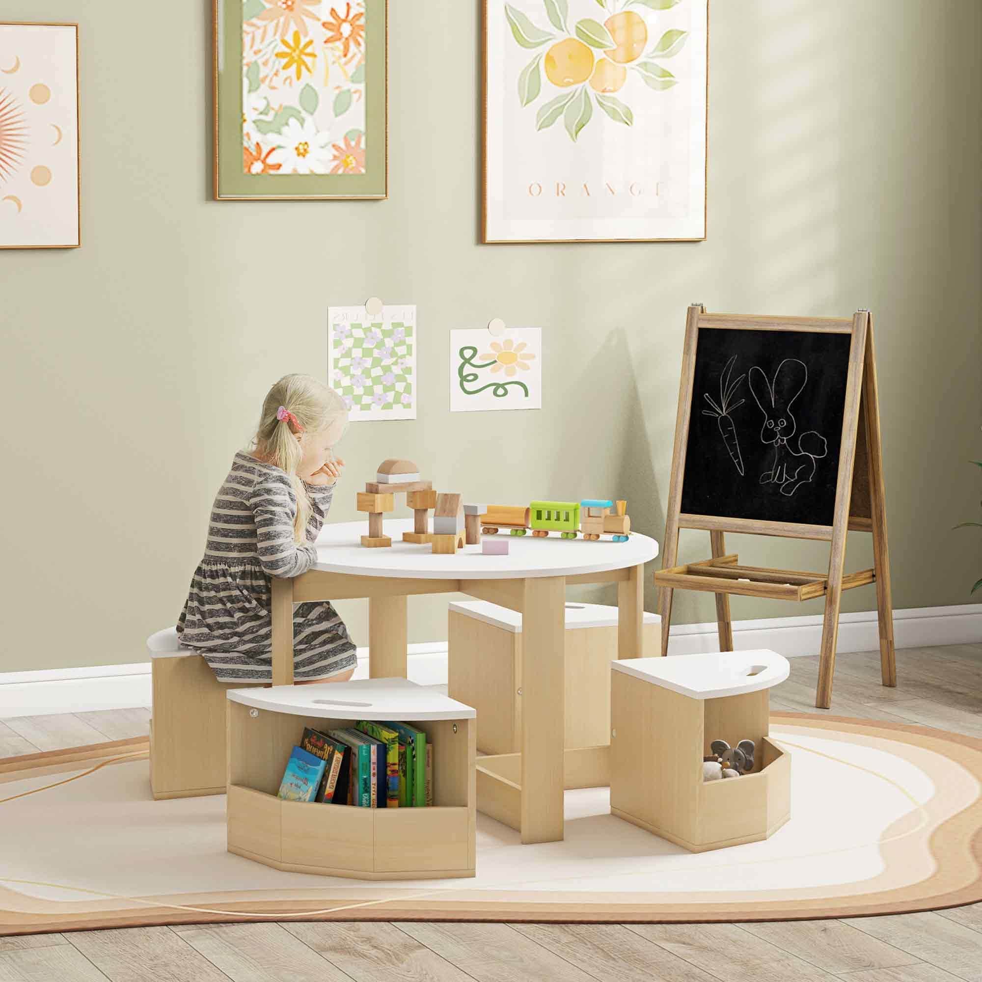 Qaba Toddler Table and Chairs Set, 5 Pieces, Round Activity Table with Storage, White