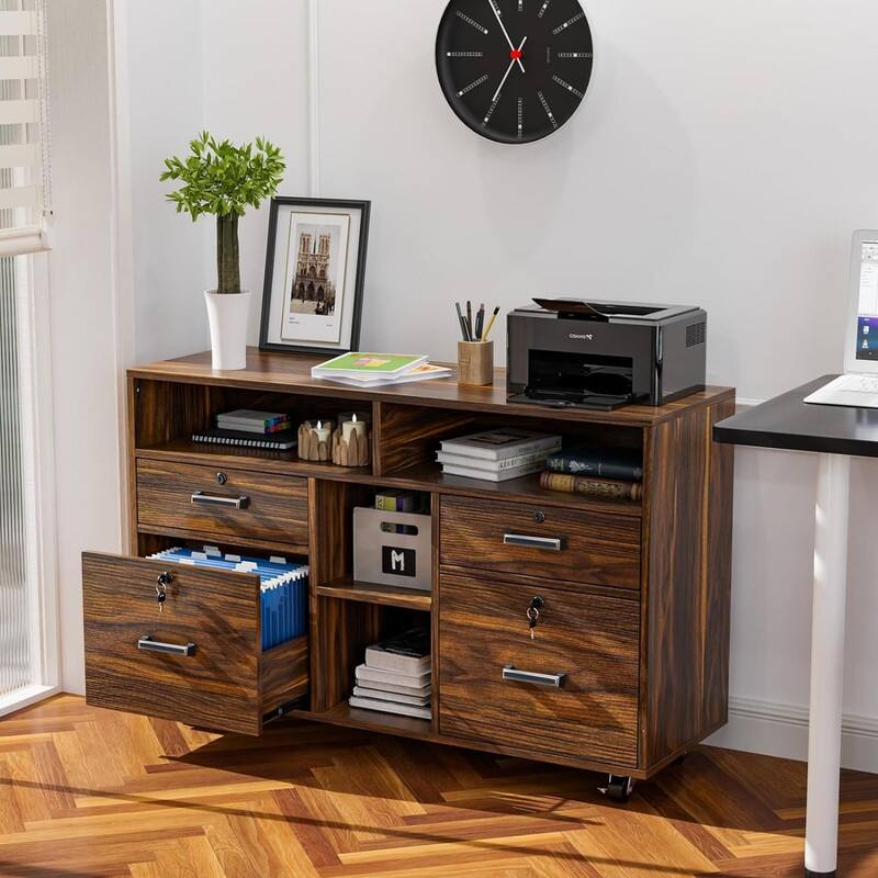 4 Drawer Wood Mobile Lockable Rolling File Cabinet with Shelves - Brown/Tan - Wood Finish