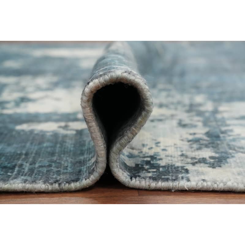 Hand Knotted Oriental Viscose Silk Carpet Modern Pictorial Navy Blue & Blues Abstract Area Rug - 7' 5'' X 5' 3''