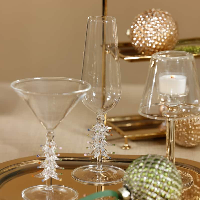 Treetop Cheers Glass Champagne Flutes - Holiday Stemware, Set of 4
