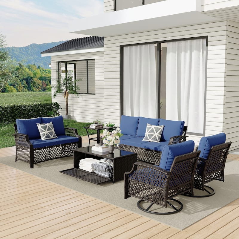 Outdoor Wicker Patio Set w Swivel Chairs & Sofa, Ottomans and Tables, Modular 3/5/6/7-Piece, All-Weather Conversation Set.