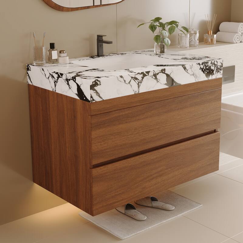 29.9" Modern Floating Bathroom Vanity - Faux Marble Top with Ceramic Undermount Sink, Wall-Mounted for Small Bathrooms