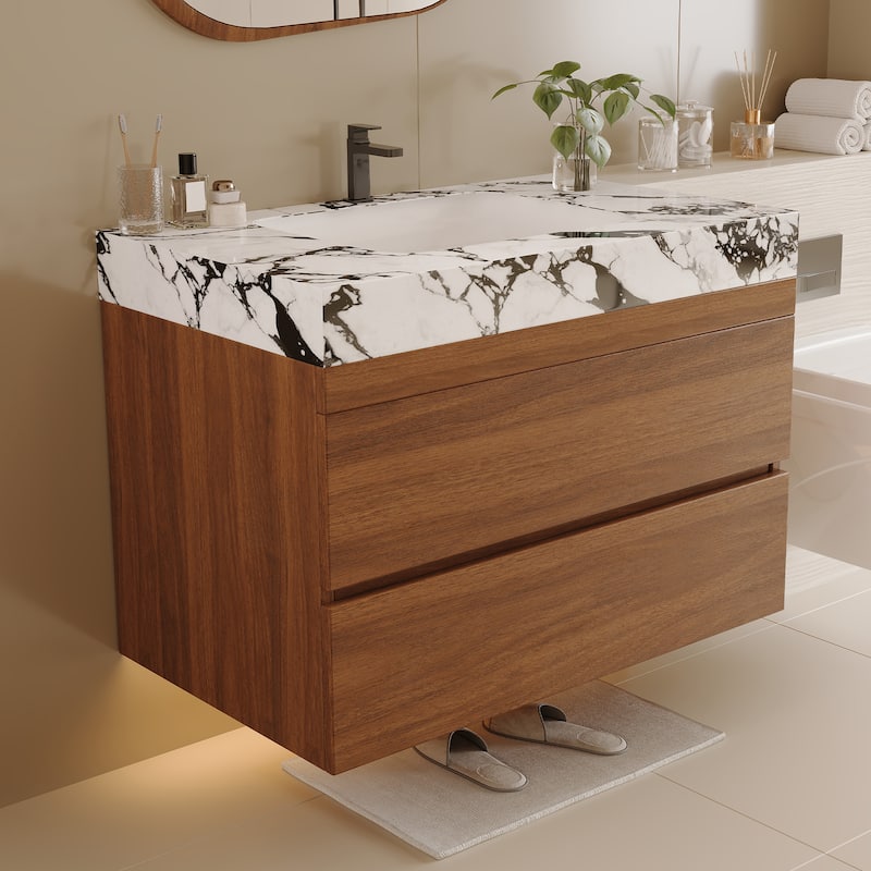 GDFStudio - Modern 31.5" Wall-Mounted Bathroom Vanity with Sintered Stone Top, Ceramic Undermount Sink & Soft-Close Drawers - Walnut,White+Black
