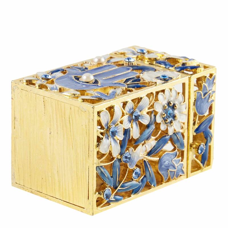 Matashi Hand-Painted Enamel Tzedakah Charity Box Embellished w/ Crystals & a Hamsa Protects Against Evil Eye Motif Design
