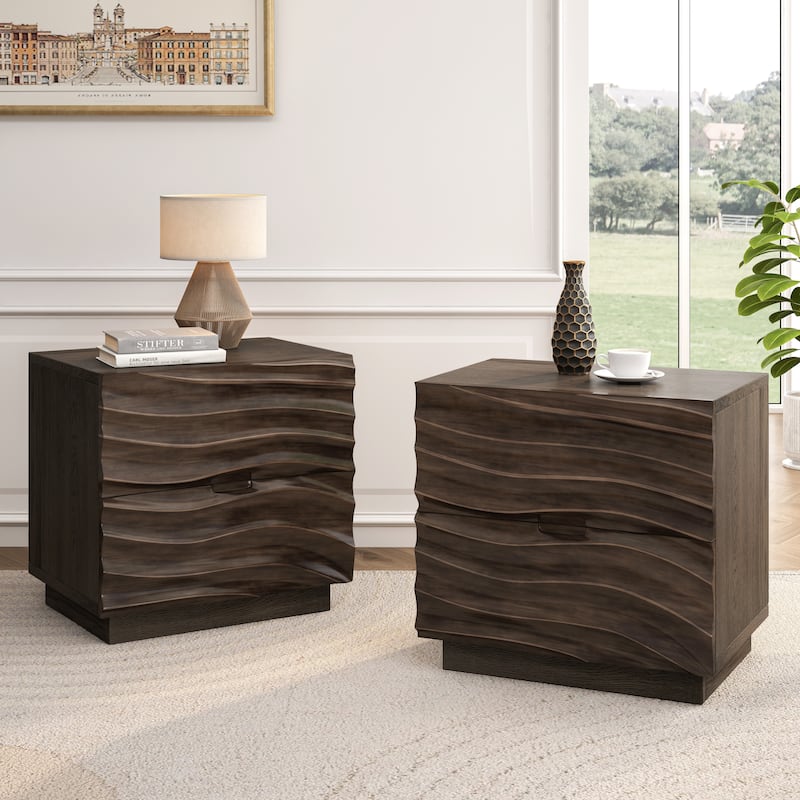 Mid-Century Modern Woodern Nightstand with Storage Drawers - Brown-Set of 2