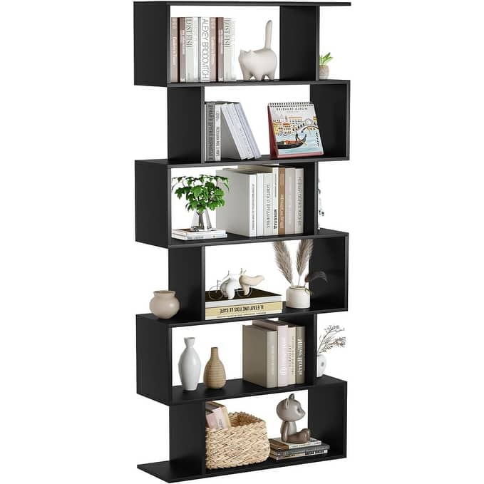 S-Shaped Bookshelf, Black Geometric Bookcase for Home & Office - Black/6 Tier