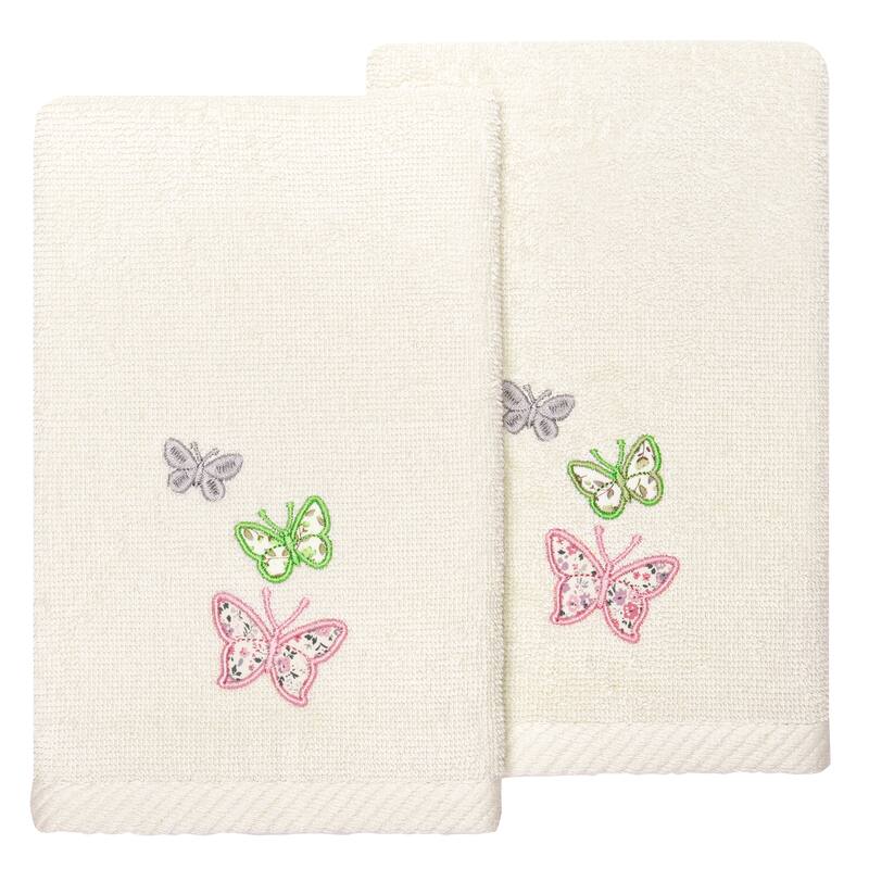 Authentic Hotel and Spa 100% Turkish Cotton Mariposa 2PC Embellished Fingertip Towel Set - Beige