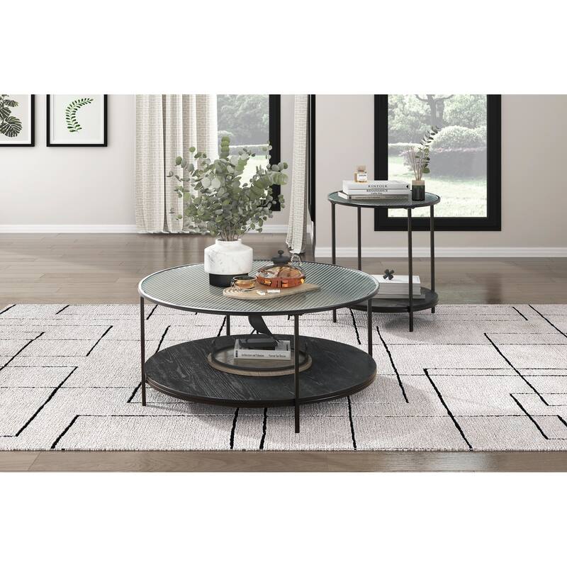 2pc Modern Occasional Table Set Coffee Table Glass Top End Table Metal