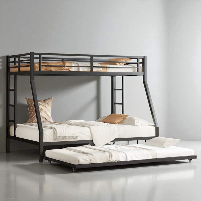 Twin over Full/Queen over Queen/Twin XL over Queen Metal Bunk Bed with Trundle, Black - Sturdy & Noise-Free