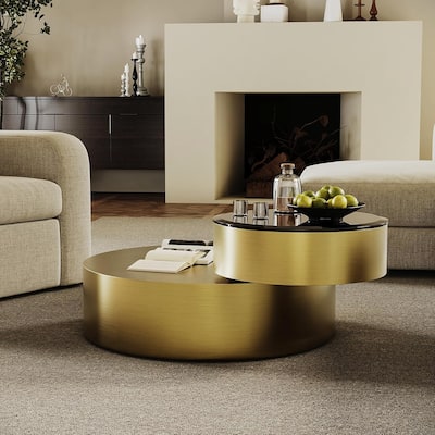 Luxury Round Coffee Table with 2 Tier Rotatable Top Circle Coffee Table with 360° Swivel Top for Living Room Apartment