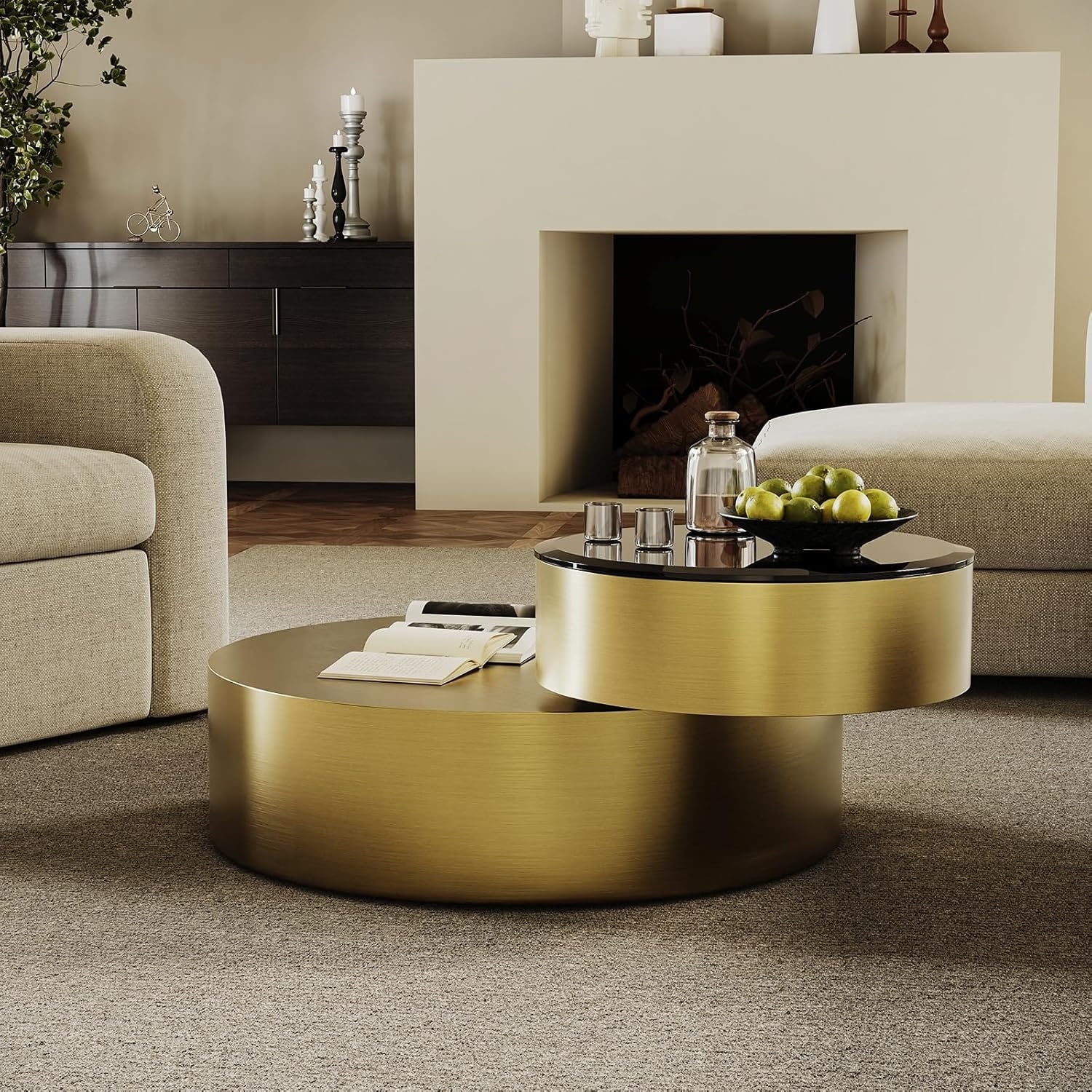 Luxury Round Coffee Table with 2 Tier Rotatable Top Circle Coffee Table with 360° Swivel Top for Living Room Apartment