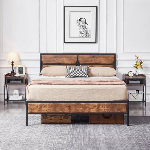 Industrial 3 Piece Platform Bed Frame and Nightstand Set , Rustic Brown