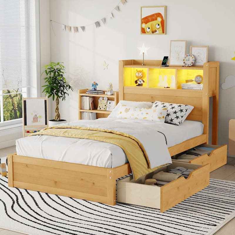 Platform Bed with Storage Headboard Pull Out Storage Cabinet, Bookcase Bed with Drawers, Wood Wingback Bed with Light and Socket