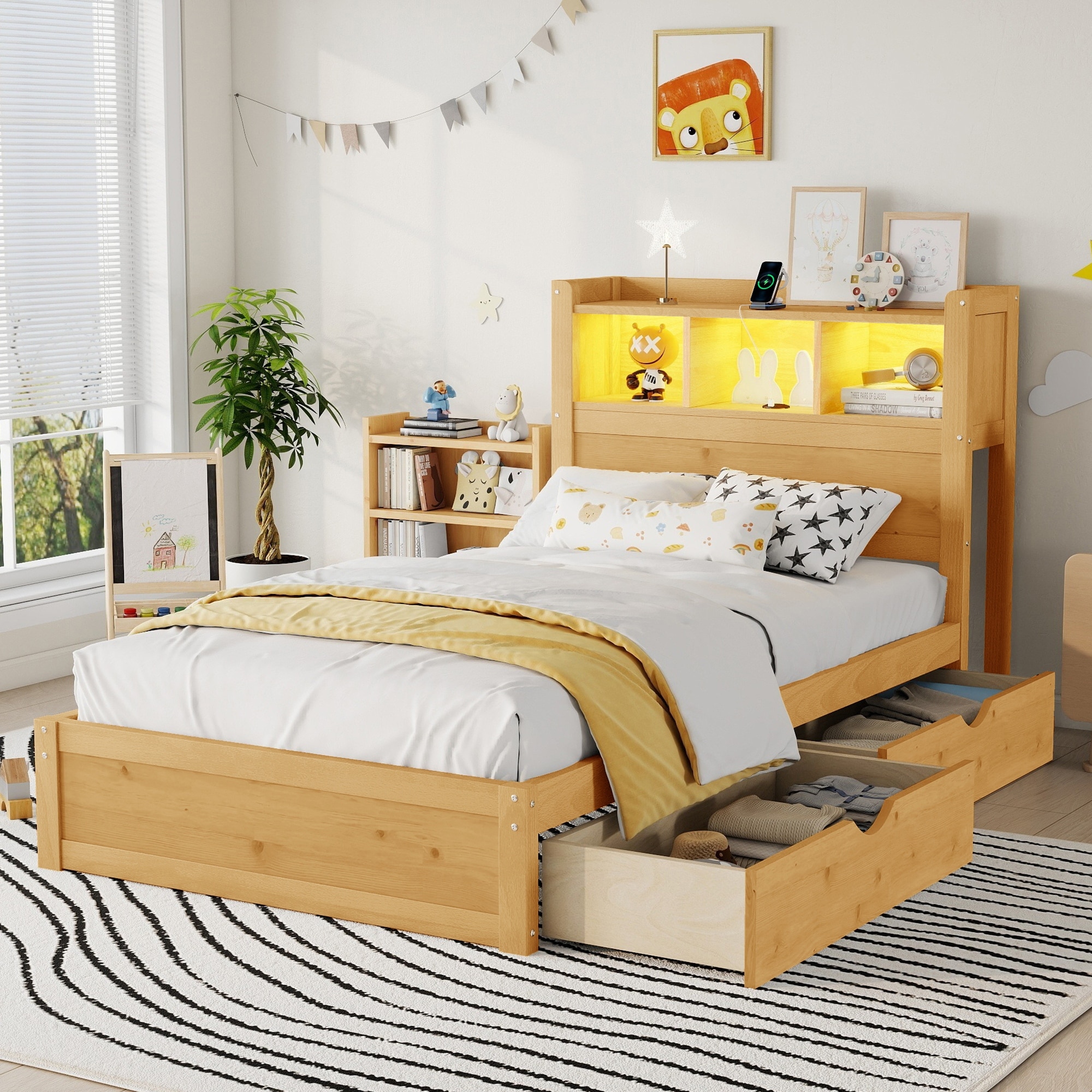 Twin Size Bed with Drawers, Wood Twin Bed with Storage Headboard and Pull Out Storage Cabinet, Wood Bed with Light and Socket