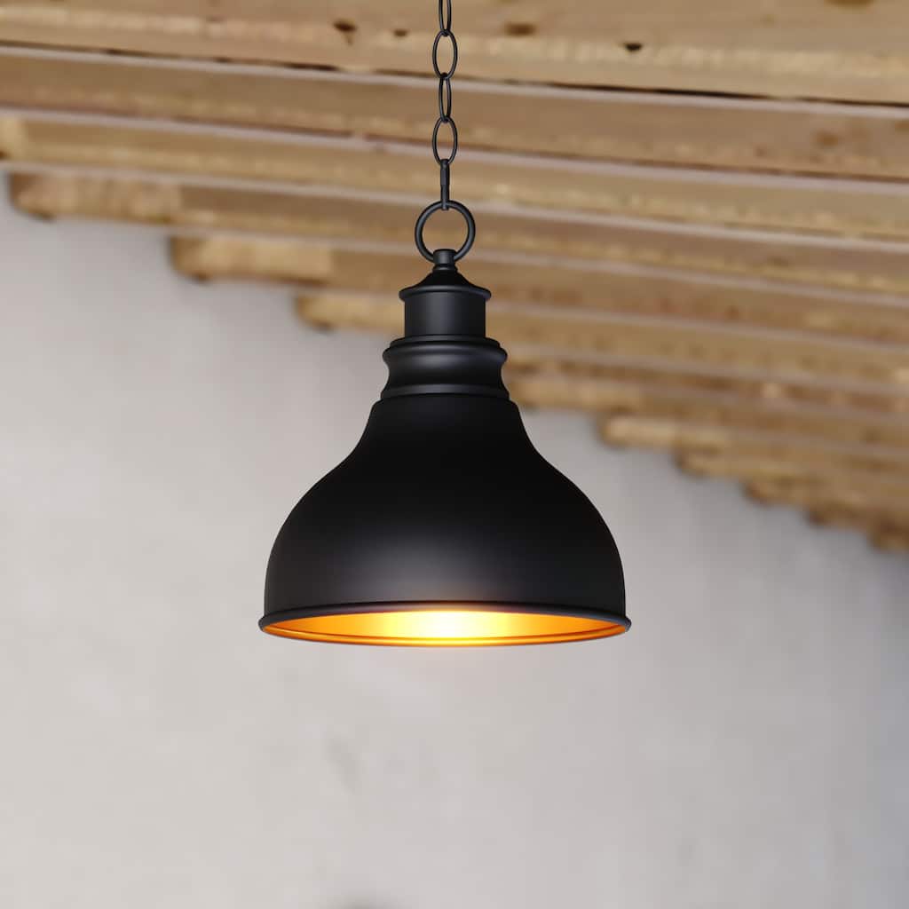 Delano 1 Light Bronze Gold Farmhouse Outdoor Barn Dome Pendant - 11-in W x 13-in H x 11-in D