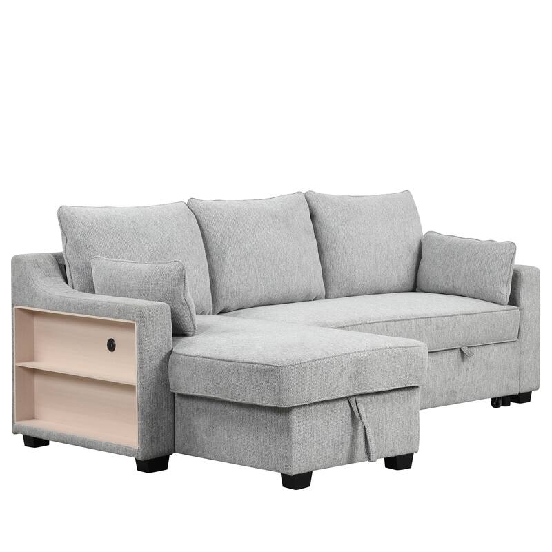 90" Pull Out Sleeper Sofa L-Shaped Couch Convertible Sofa Bed with Storage Chaise, Storage Racks and USB Ports, Light Brown