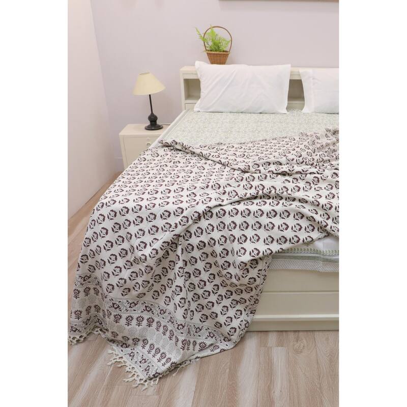 Fabdivine Rohini Handwoven Cotton Blanket- Stylish Block Print Throw for Home Decor & Bed Cover with Handcrafted Fringe, 90"x54"