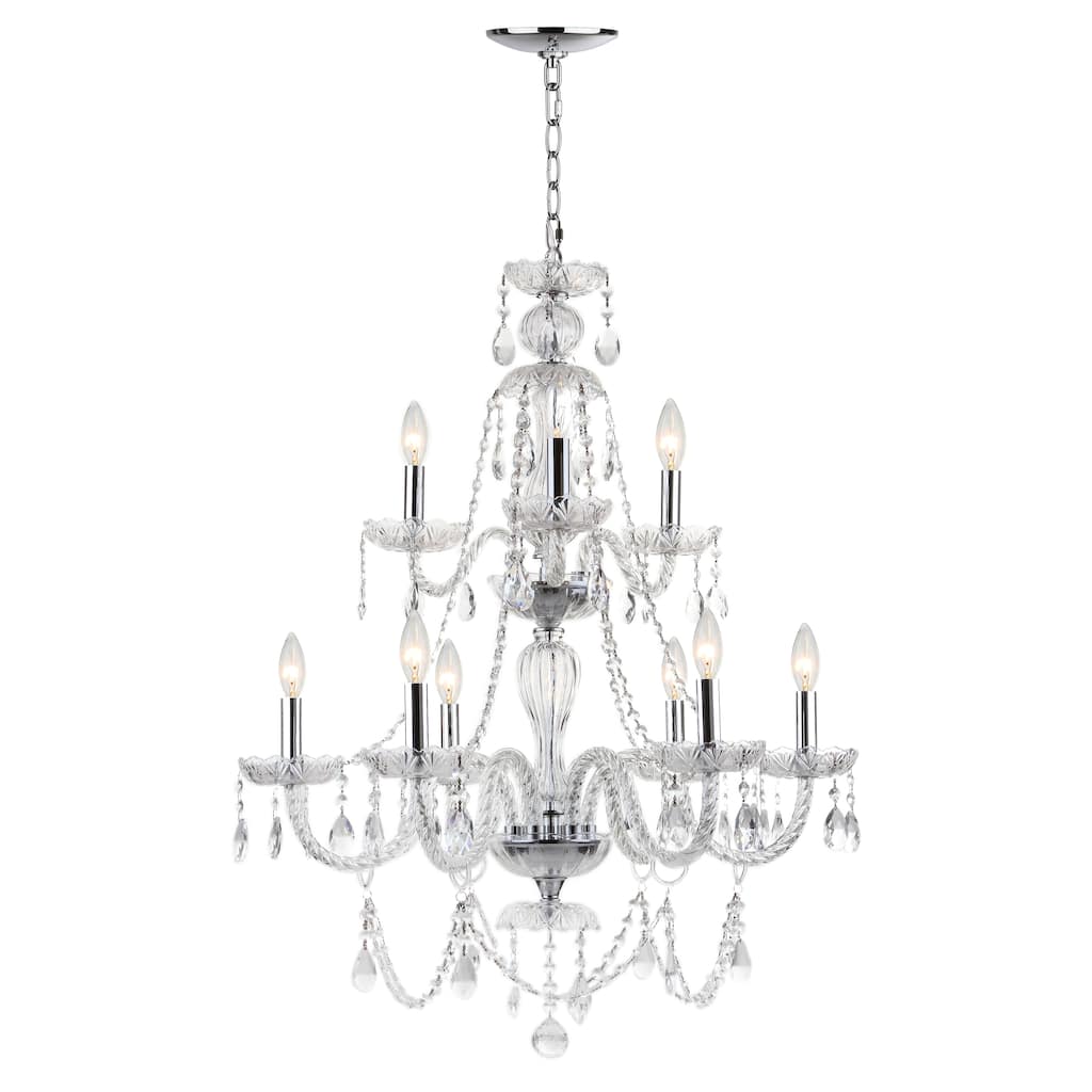 SAFAVIEH Lighting Wadad Adjustable 9-Light Beaded Chandelier - 26.375"x26.375"x38 - 110" - Chrome/Clear