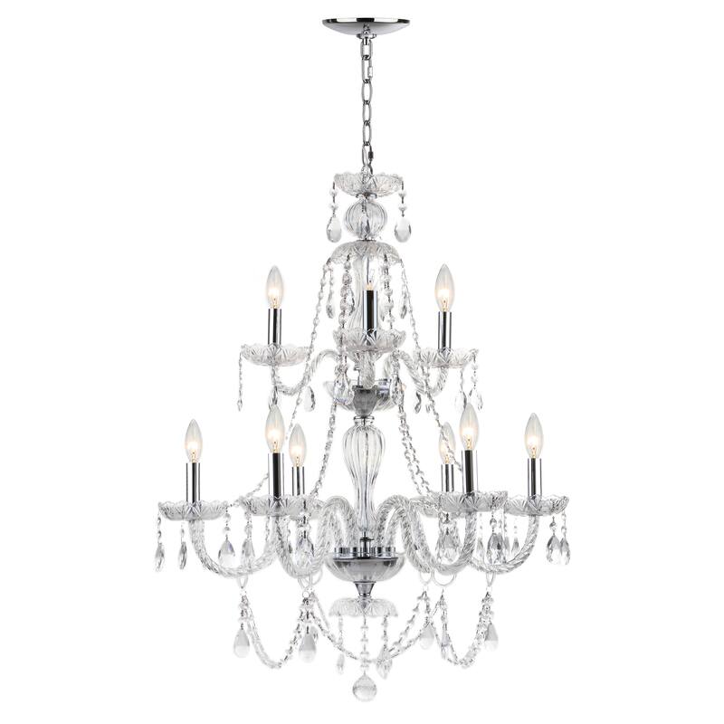 SAFAVIEH Lighting Wadad Adjustable 9-Light Beaded Chandelier - 26.375"x26.375"x38 - 110" - Chrome/Clear
