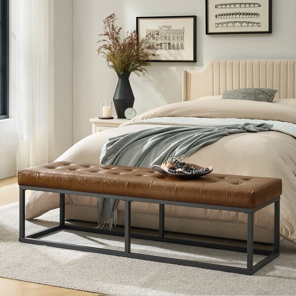Gabino Mid Century Modern Vegan Leather Button Tufted Bench with Sturdy Metal Base by Hulala Home Brown