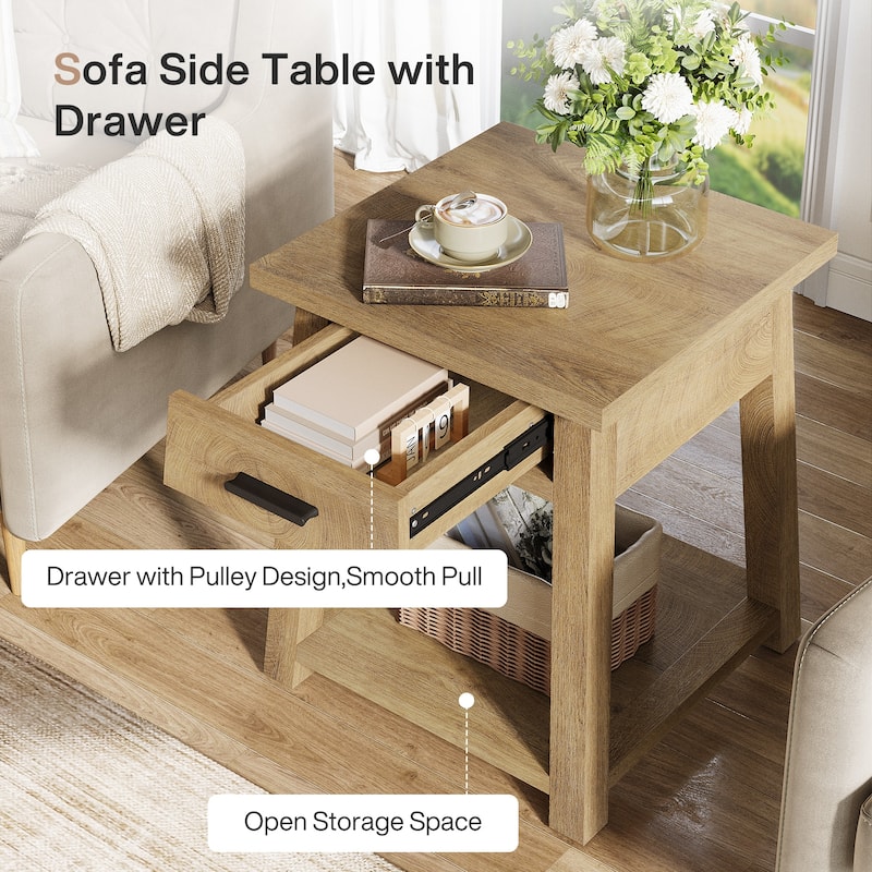 2 -Tier Wooden Side Table with Drawer