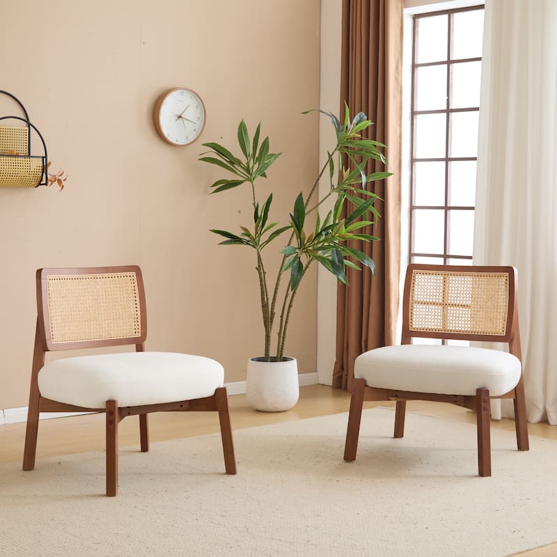 Modern Beige Lounge Chair with Woven Backrest, Sturdy Wooden Frame, Minimalist and Elegant Accent Seating