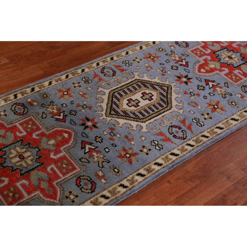 Hand Knotted Oriental 100% Wool Carpet Traditional Geometric Navy Blue & Blues Heriz (serapi) Runner Rug - 7' 6'' X 2' 7''