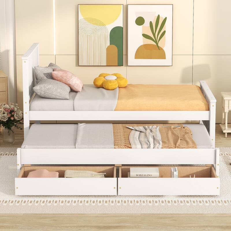 White Twin Platform Bed with Trundle and Storage Drawers, Solid Pine Wood Frame