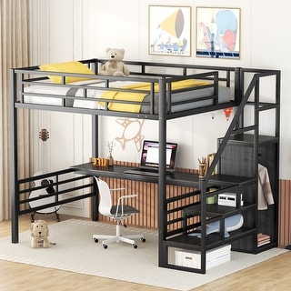 Full Metal Loft Bed with Desk, Storage Staircase, and Wardrobe - Versatile Design with Left/Right Installation Options, Black