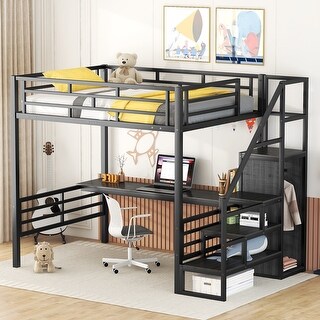 Multifunctional Modern Style Full Size Metal Loft Bed with Build-In Desk,Storage Staircase and Wardrobe,Full-Length Guardrail