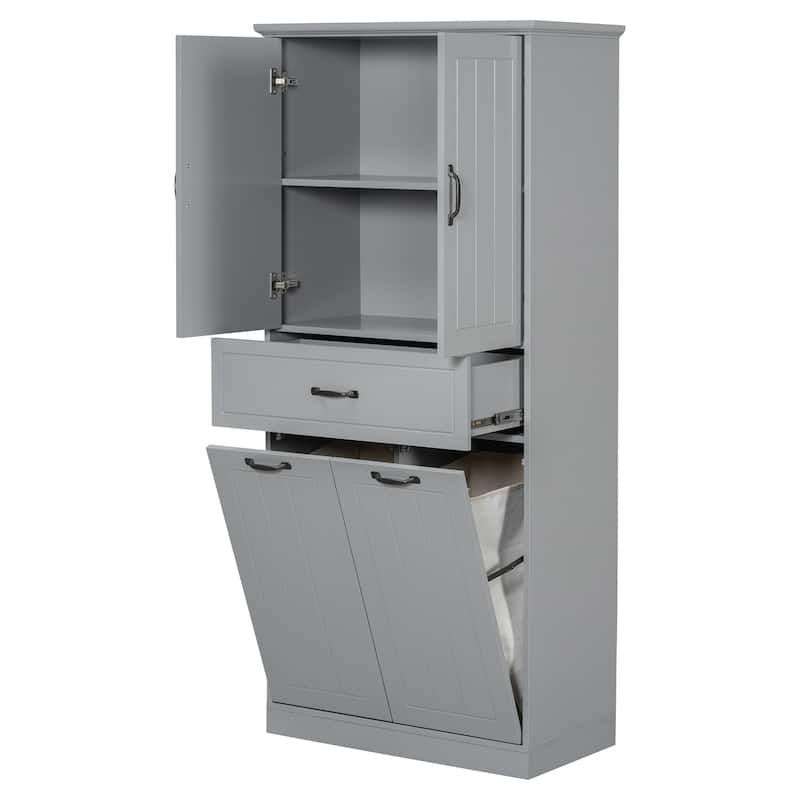 Roomfitters Bathroom Storage Cabinet with Double Laundry Hampers, Doors and Drawer Organizer
