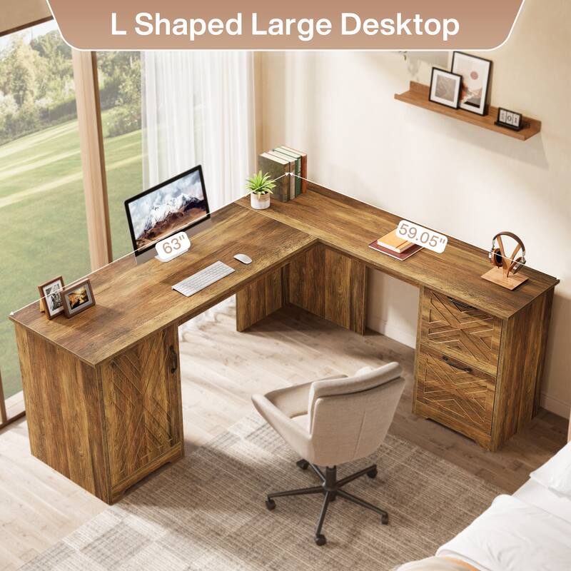 Farmhouse L Shaped Desk with Drawers, 63 Inch Large Executive Home Office Desk