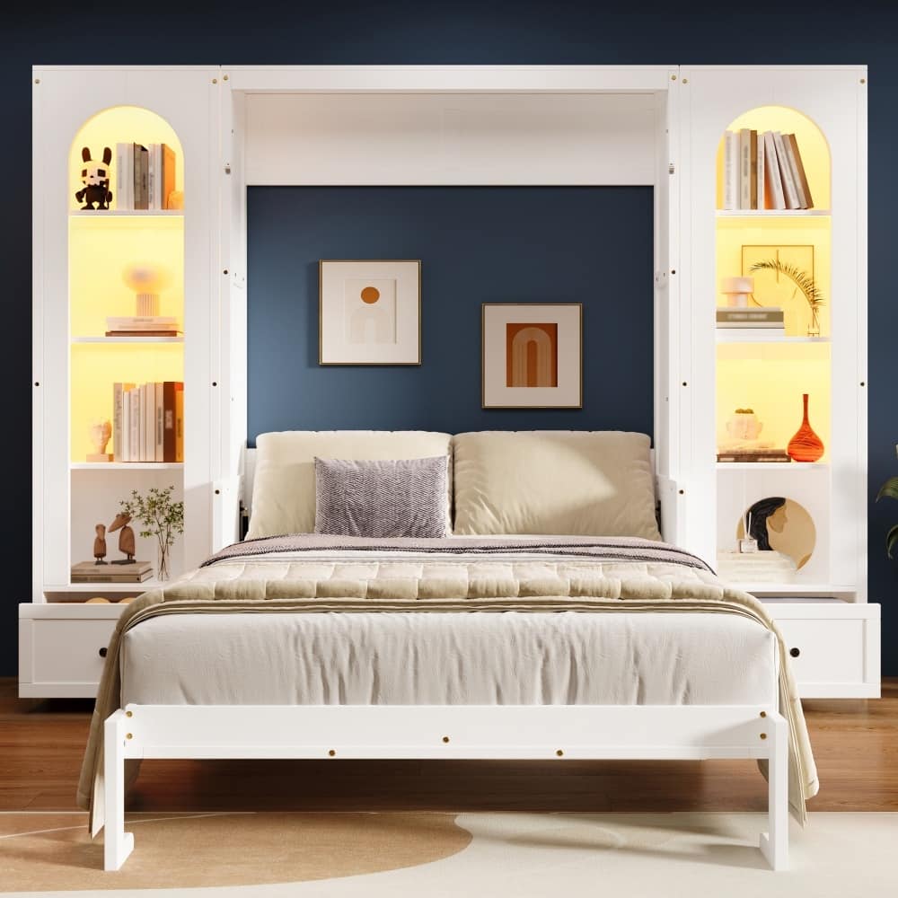 LED Wood Queen Size Foldable Murphy Bed with Drawers and Storage Shelves
