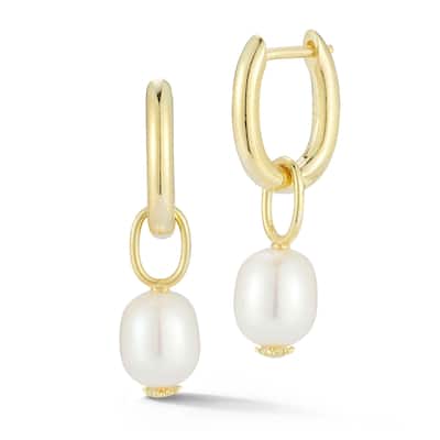 Soleil Sterling Silver Oval Freshwater Pearl Charm Hoop Earrings