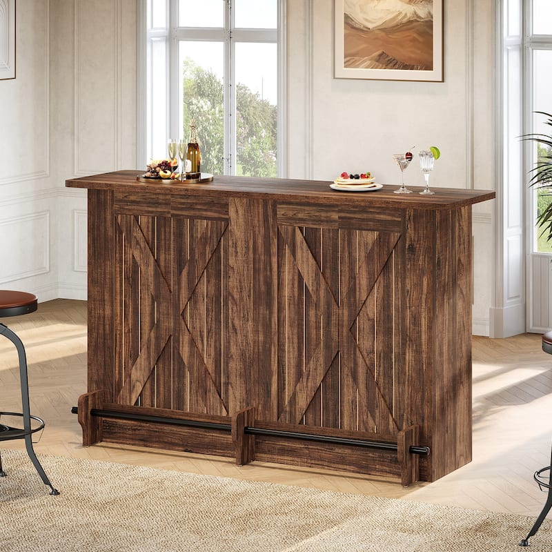 2-Tier Bar Table with Footres, Rustic Brown Bar Cabinet Height Pub - N/A - Dark Brown