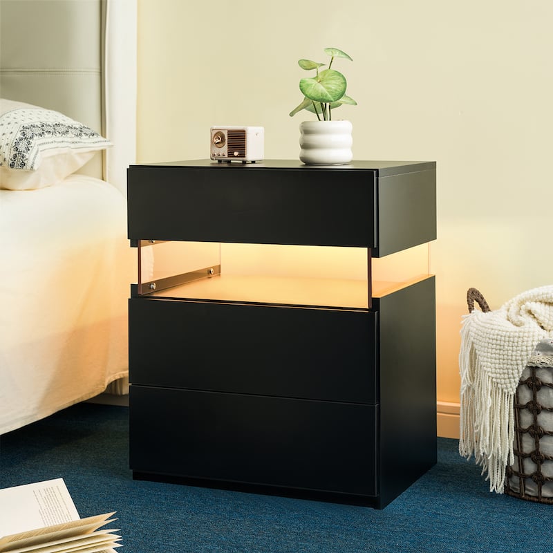 LED Nightstands, 3 Drawer Dresser for Bedroom End Table with Acrylic Board LED Bedside Tables