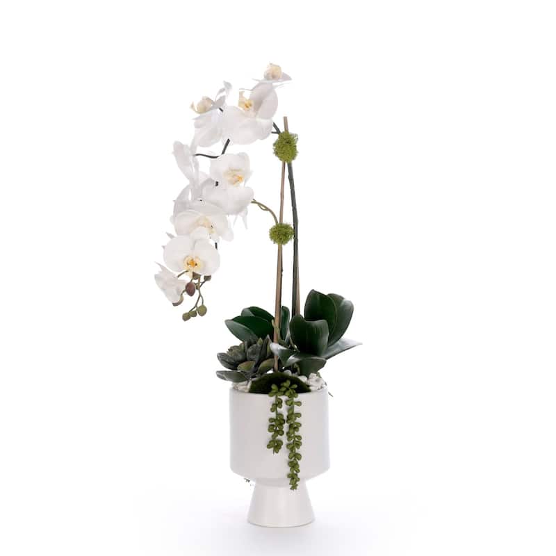 Real Touch White Orchid Flower Arrangement in White Pot