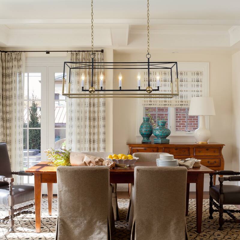 Geometric 5-Light Modern Black and Brass Rectangular Pendant Light for Dining Room