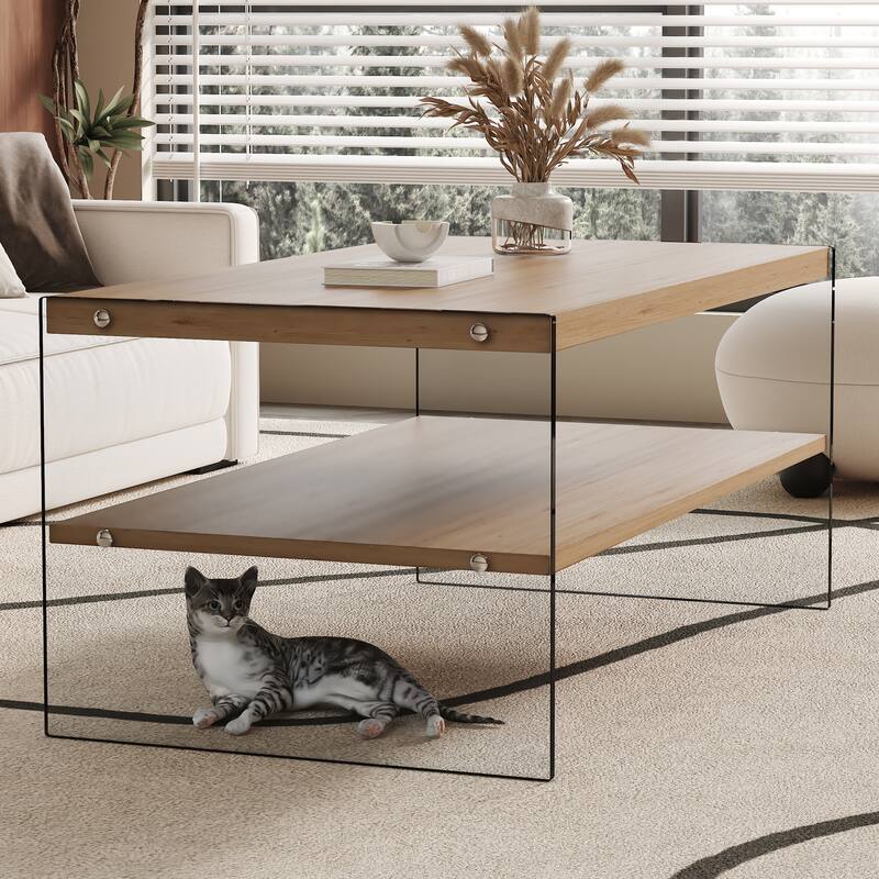 43.3" Modern Rectangular Coffee Table with Tempered Glass Legs and Storage Shelf
