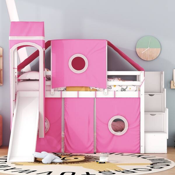 slide 2 of 18, Twin Loft Bed with Tent & Tower, Castle Design, Pink, Fun & Spacious