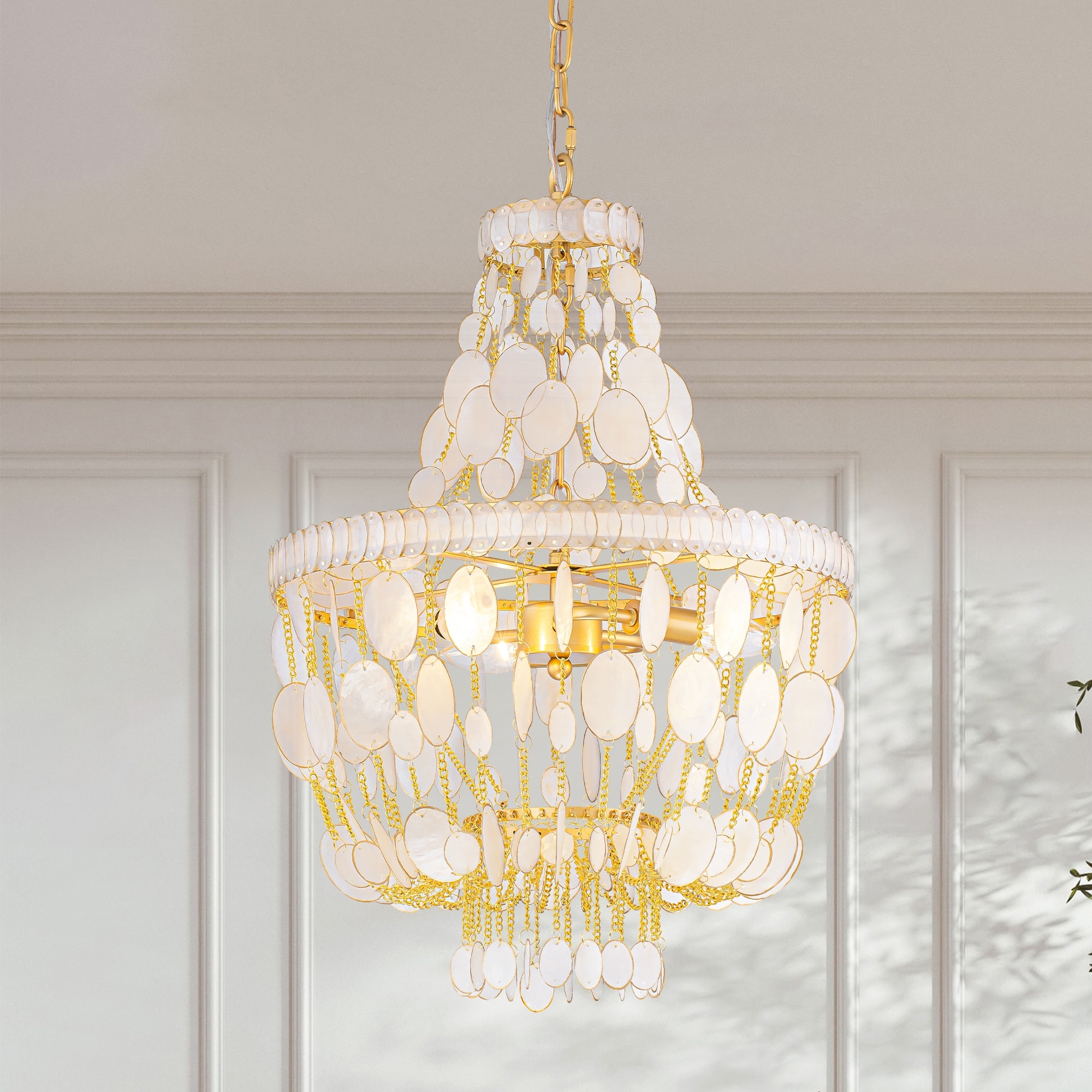 Rennnsan 3-Light Bohemian Coastal Capiz Shell Chandelier for Soft Glow Dining & Living Spaces - 3 Light