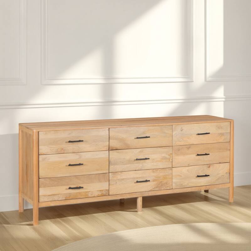 Geti Dresser 9 Drawers, 84 Inch Wide, Handcrafted Natural Oak White Mango Wood, - Natural Oak White, Black